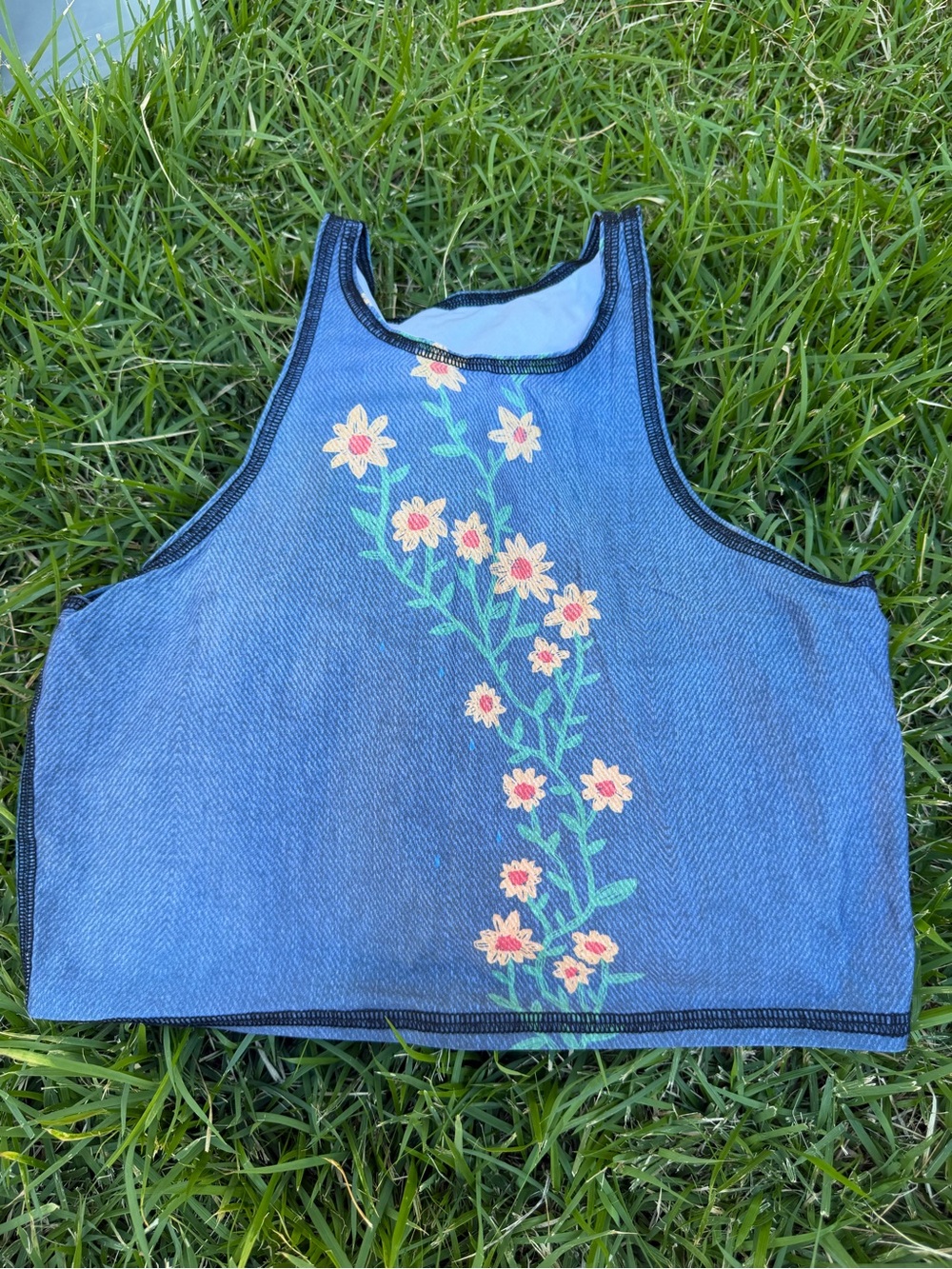 teeki Blue Denim-Look Floral Crop Tank